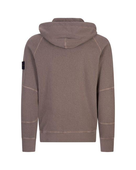 Stone Island Brown Logo Patch Zipped Hoodie for men