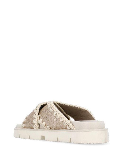 Mou Natural Criss-Cross Sequined Sandals