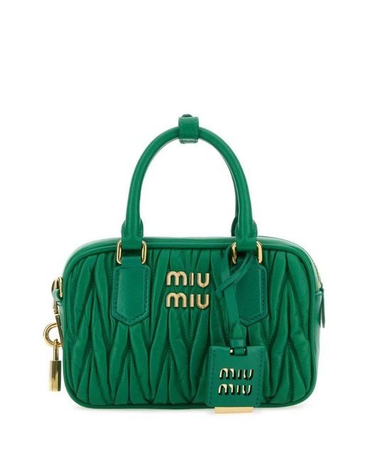 Miu Miu Green Matelassé Logo Plaque Mini Tote Bag