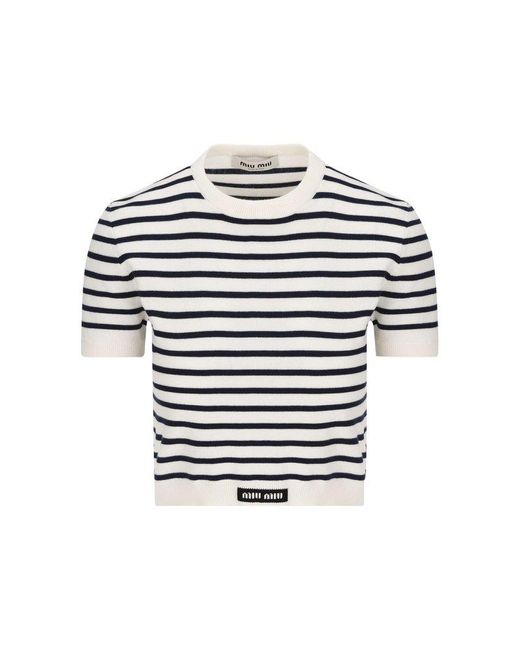 Miu Miu White Striped Short Sleeved Knitted Top