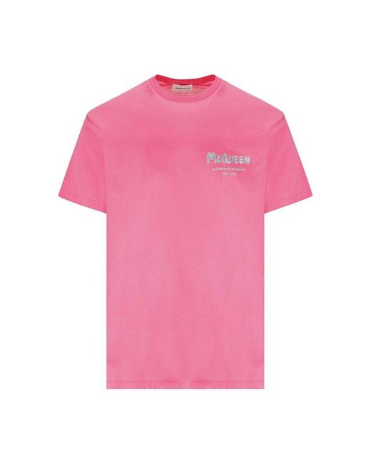 Alexander McQueen Pink Logo Printed Crewneck T-shirt for men