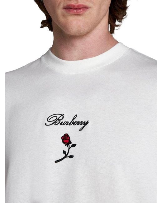 Burberry White Rose Embroidered Logo Cotton Jersey T-shirt for men