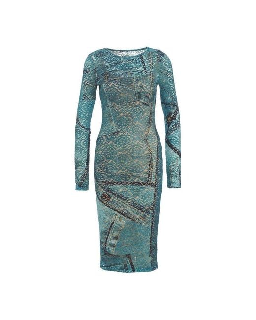 Versace Blue Patchwork Denim Printed Laced Midi Dress