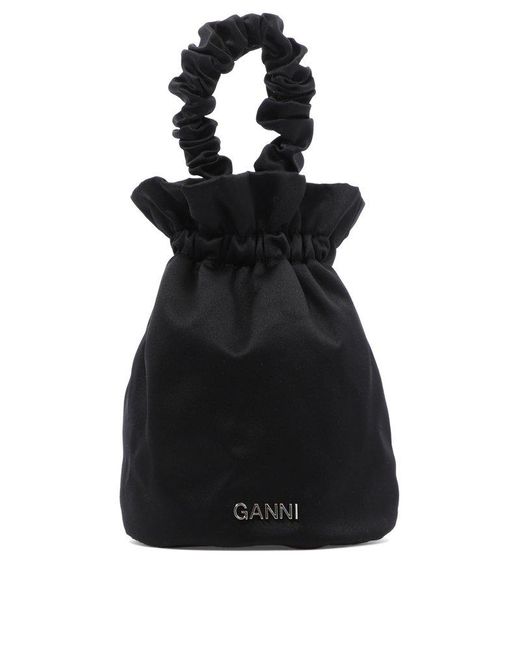 Ganni Black Logo Lettering Drawstring Mini Bucket Bag