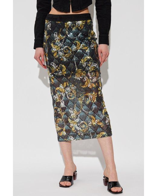 Versace Jeans Couture Green Barocco Pattern Sequin Embellished Midi Skirt
