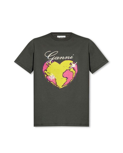 Ganni Gray Heart Organic Cotton-Jersey T-Shirt