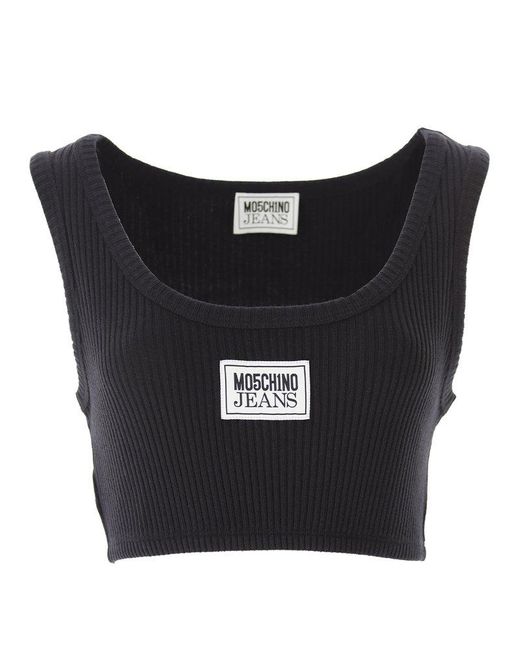 Moschino Black Jeans Logo Patch Ribbed Cropped Top