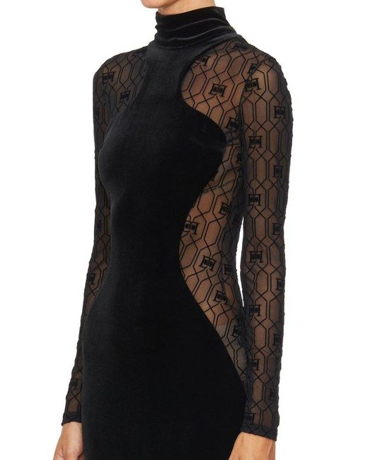 Elisabetta Franchi Flocked-monogram Sheer-panel Maxi Dress