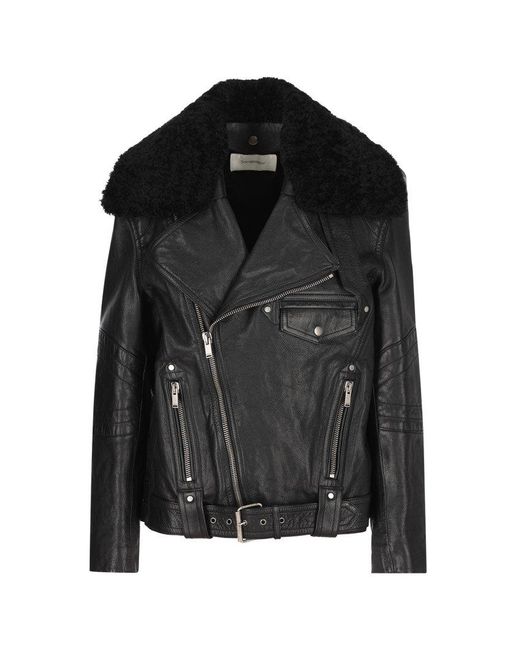 Saint Laurent Black Leather Jacket With Belted Waist And Shearling Collar