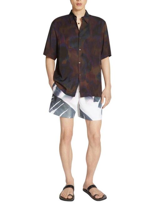 Dries Van Noten Blue Fitted Swim Shorts With A Giant Watercolor Palm Tree Print for men