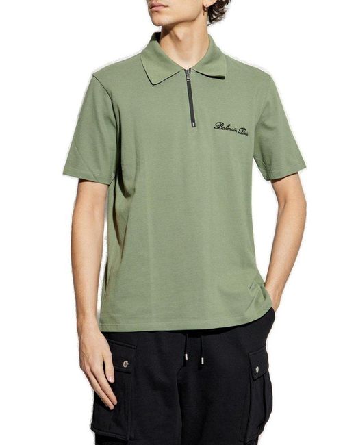 Balmain Green Logo Embroidered Short-Sleeved Polo Shirt for men