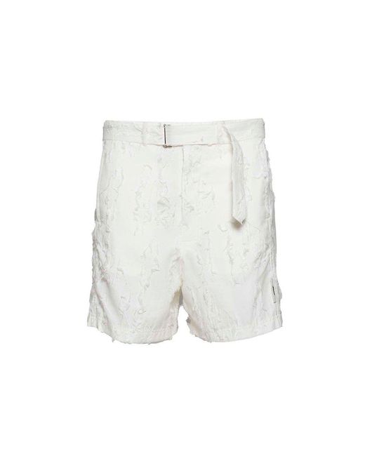 MSGM White Mid-rise Distressed Belted Shorts for men