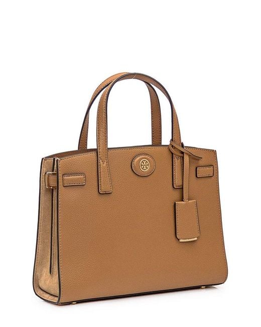 Tory Burch Brown Robinson Logo Plaque Pebbled Satchel Tote Bag