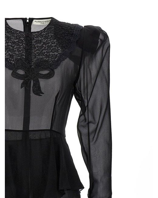 Alessandra Rich Black Peplum Waist Semi-sheer Midi Dress