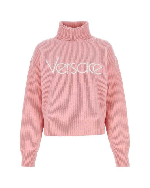 Versace Pink Logo-embroidered Roll-neck Ribbed Jumper