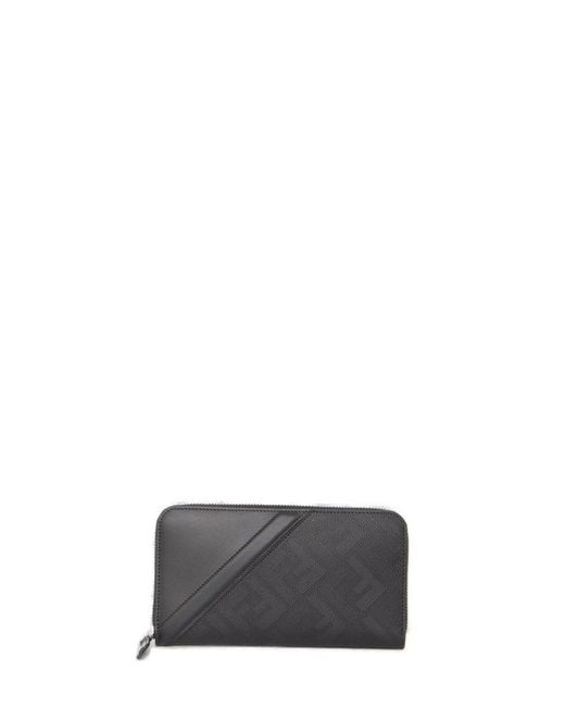 Fendi Gray Luxurious Leather Diagonal Zip Wallet for men