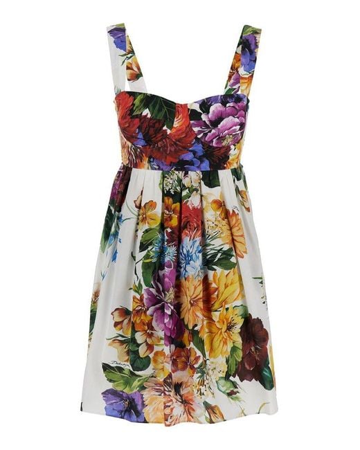 Dolce & Gabbana White Sleeveless Dress With Bustier Style Neckline And All-Over Floral Print