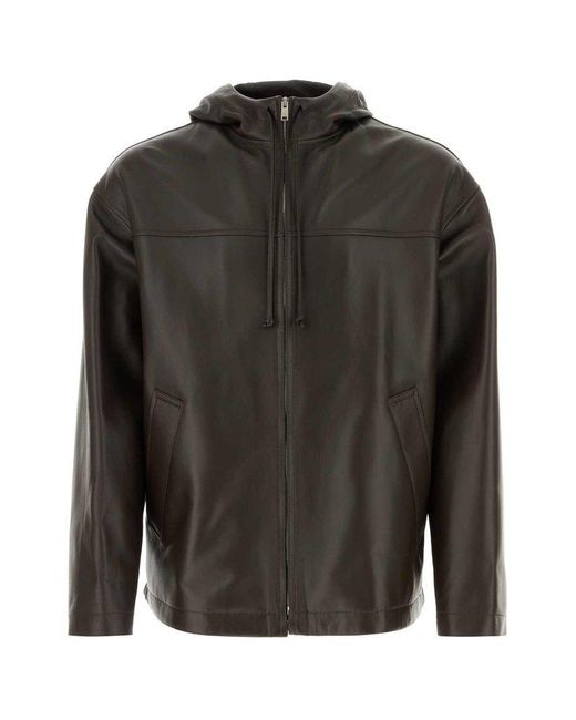 Bottega Veneta Black Leather Hooded Jacket for men