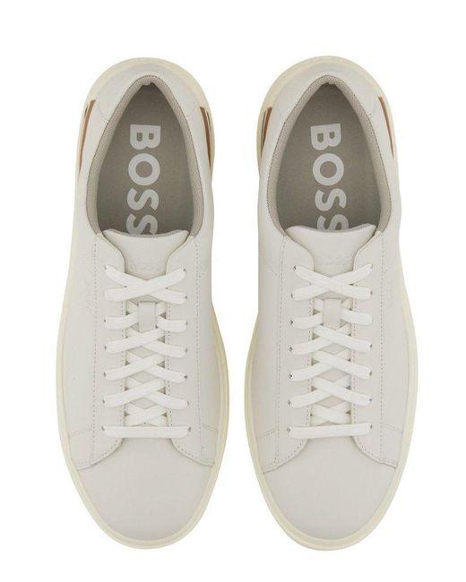 Boss White Round-Toe Lace-Up Sneakers for men