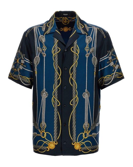 Versace Blue Nautical Print Short-sleeved Buttoned Shirt for men