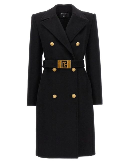Balmain Logo Double-breasted Coat Coats, Trench Coats in Black | Lyst