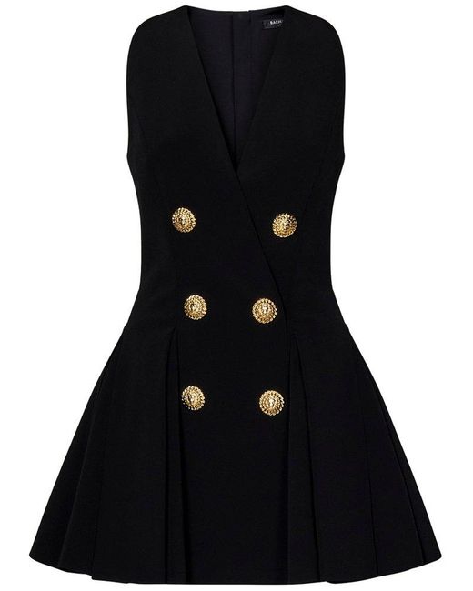 Balmain Black V-neck Buttoned Mini Dress