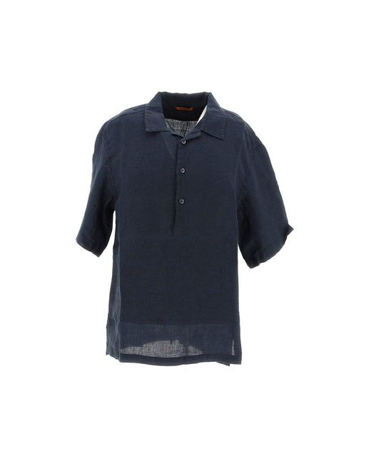 Barena Blue Short-sleeved Side Slit Shirt for men
