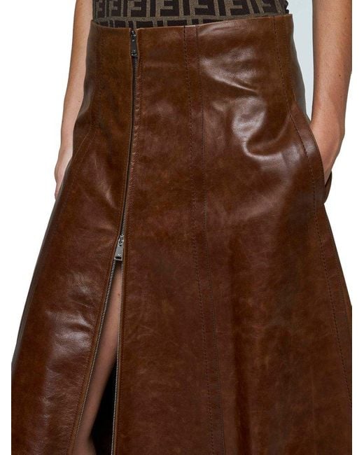 Fendi Brown Zip-Up A-Line Leather Skirt