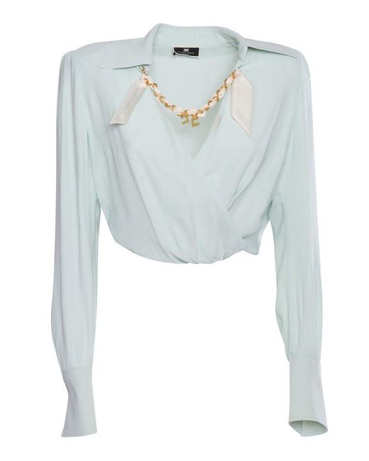 Elisabetta Franchi Blue Long-sleeved Chain-detailed Wrapped Blouse