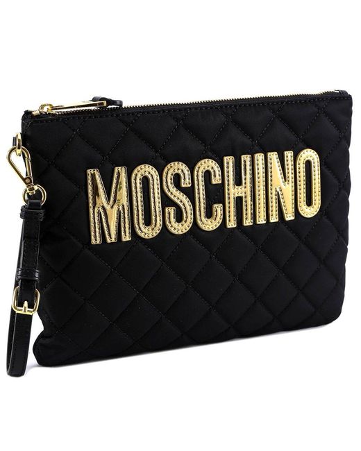 Moschino Black Logo Plaque Quilted Clutch Bag