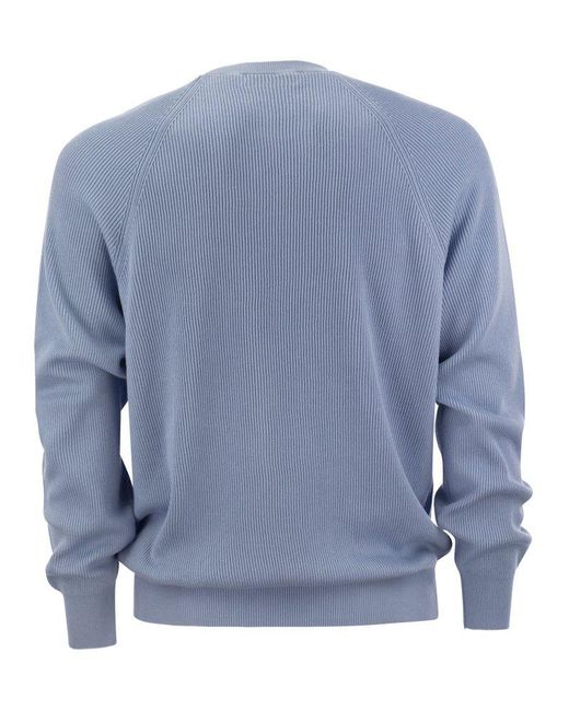 Brunello Cucinelli Blue Cotton Rib Sweater With Raglan Sleeve for men