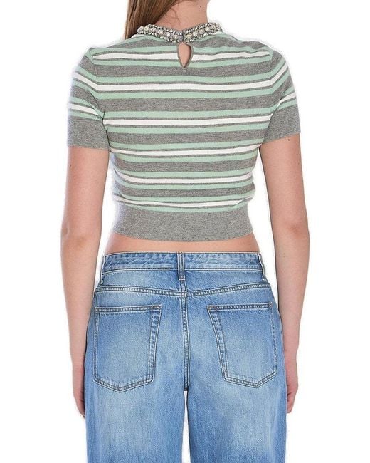 Self-Portrait Blue Striped Embellished-Trim Knitted Top