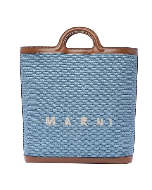 Marni Blue Logo Embroidered Raffia Tote Bag