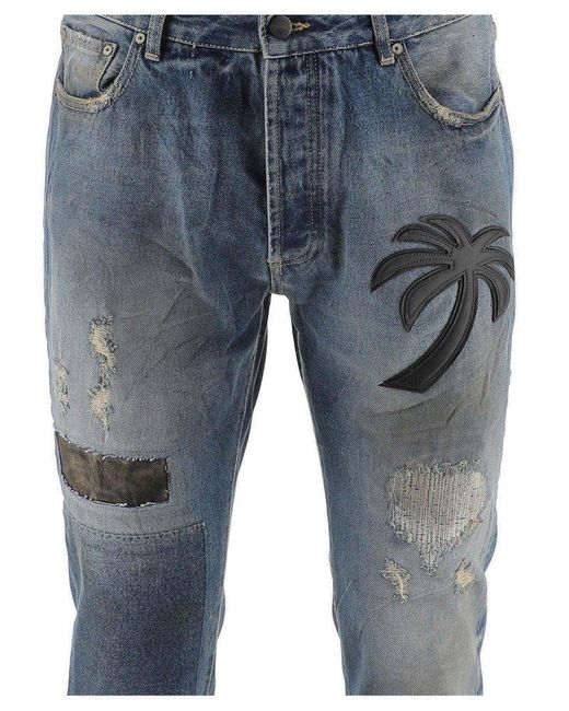 Palm Angels Blue Patchwork High Waist Jeans for men