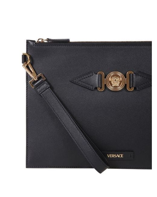 Versace Gray Logo Plaque Zipped Clutch Bag for men