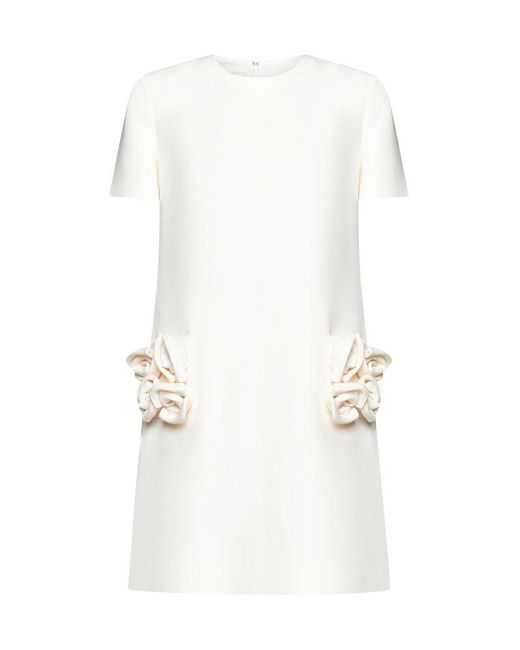 Valentino White Rose Embellished Crewneck Mini Dress