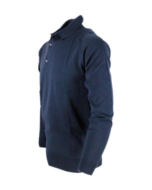 John Smedley Blue Bradwell Long-sleeved Polo Shirt for men