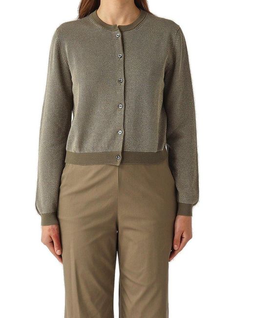 Gran Sasso Green Lurex Crewneck Buttoned Knitted Cardigan