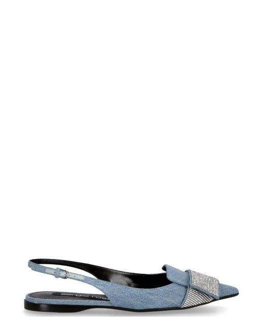 Sergio Rossi White Pointed-toe Embellished Slingback Denim Ballerinas