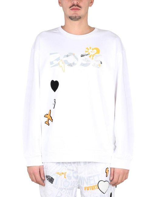 Boss White Patch Embellished Crewneck Sweatshirt for men