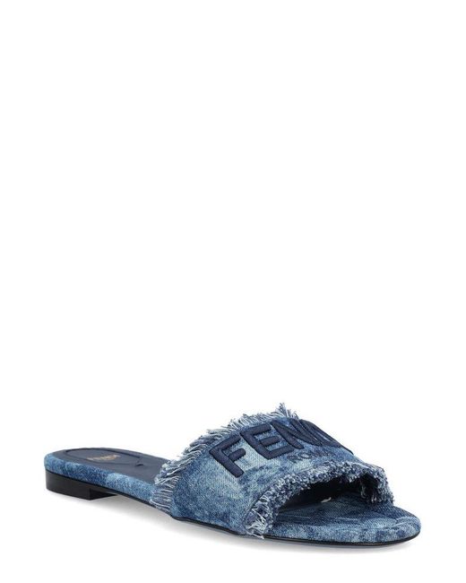 Fendi Sunshine Fringed Denim Slides in Blue | Lyst