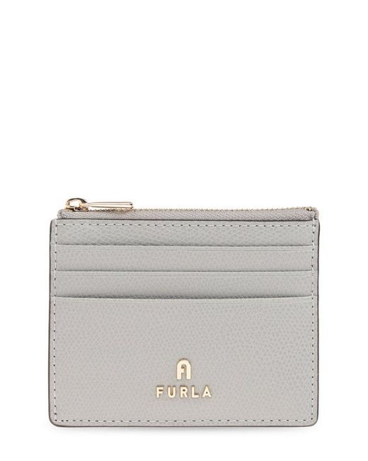 Furla Gray Camelia Logo Plaque Zip-Up Small Card Holder