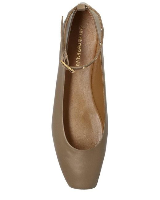 Emporio Armani Brown Square Toe Buckle Detailed Ballet Flats