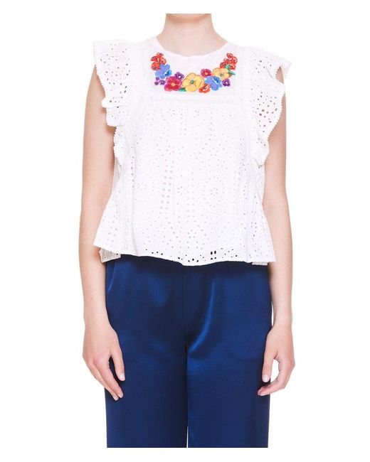 Twinset Floral Embroidered Sleeveless Blouse in White | Lyst UK