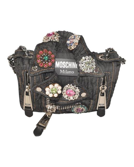Moschino Black Jewels Denim Biker Chain-linked Crossbody Bag
