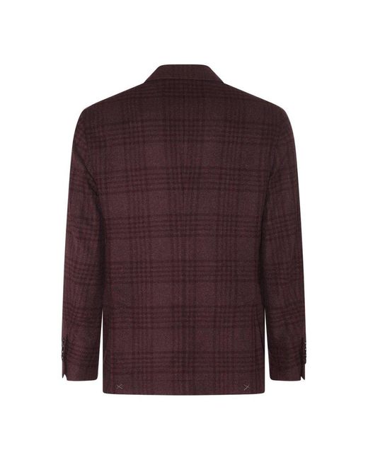 Brunello Cucinelli Purple Burgundy Wool And Silk Blend Check Blazer for men