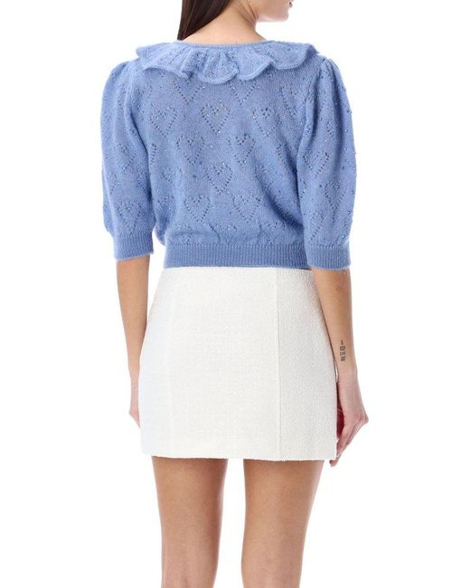 Alessandra Rich Blue Embellished Short Puff Sleeved Knitted Top