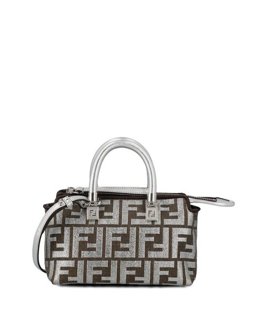Fendi Metallic 'by The Way' Mini Silver And Brown Handbag With Jacquard Ff Motif In Canvas And Lurex