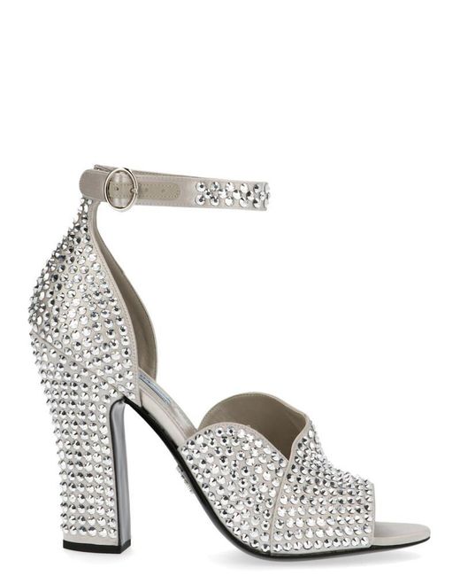 Prada Metallic Silver Crystal Embellished Strappy Heeled Sandals