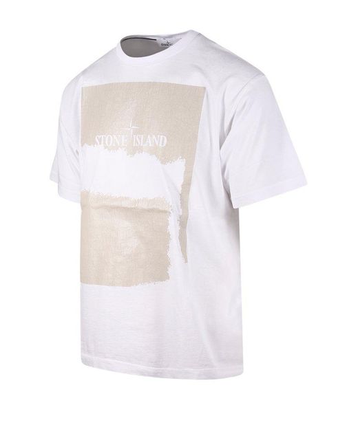 Stone Island White Logo Printed Crewneck T-shirt for men